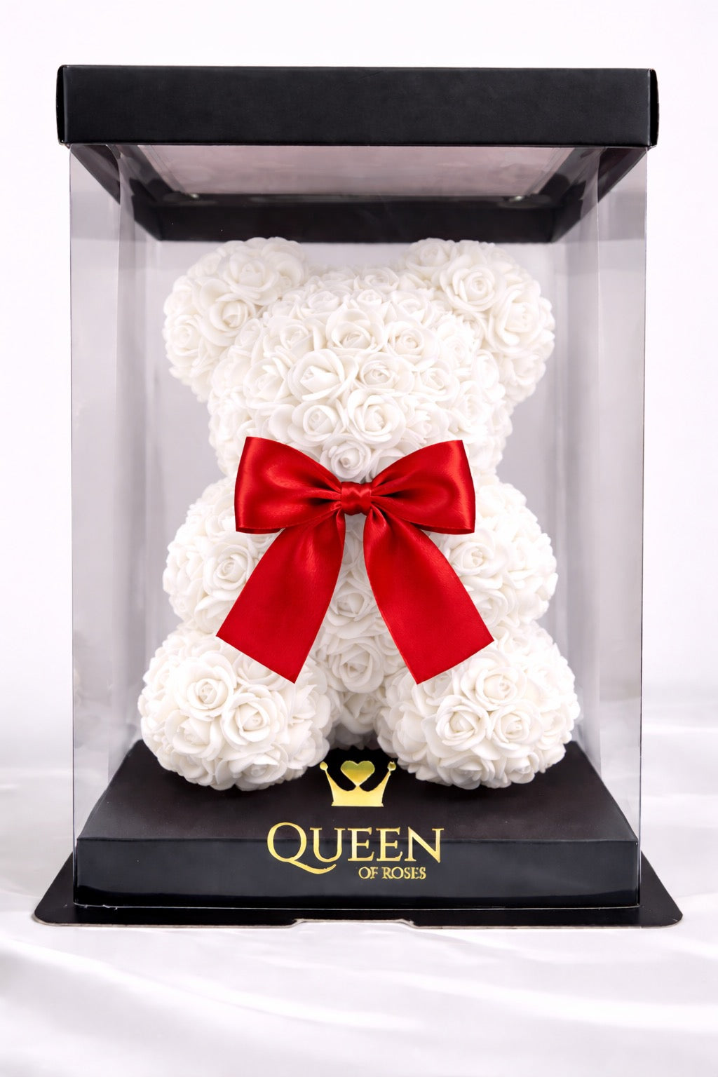 White Rose Teddy Bear | 10" | Crystal Clear Gift Box