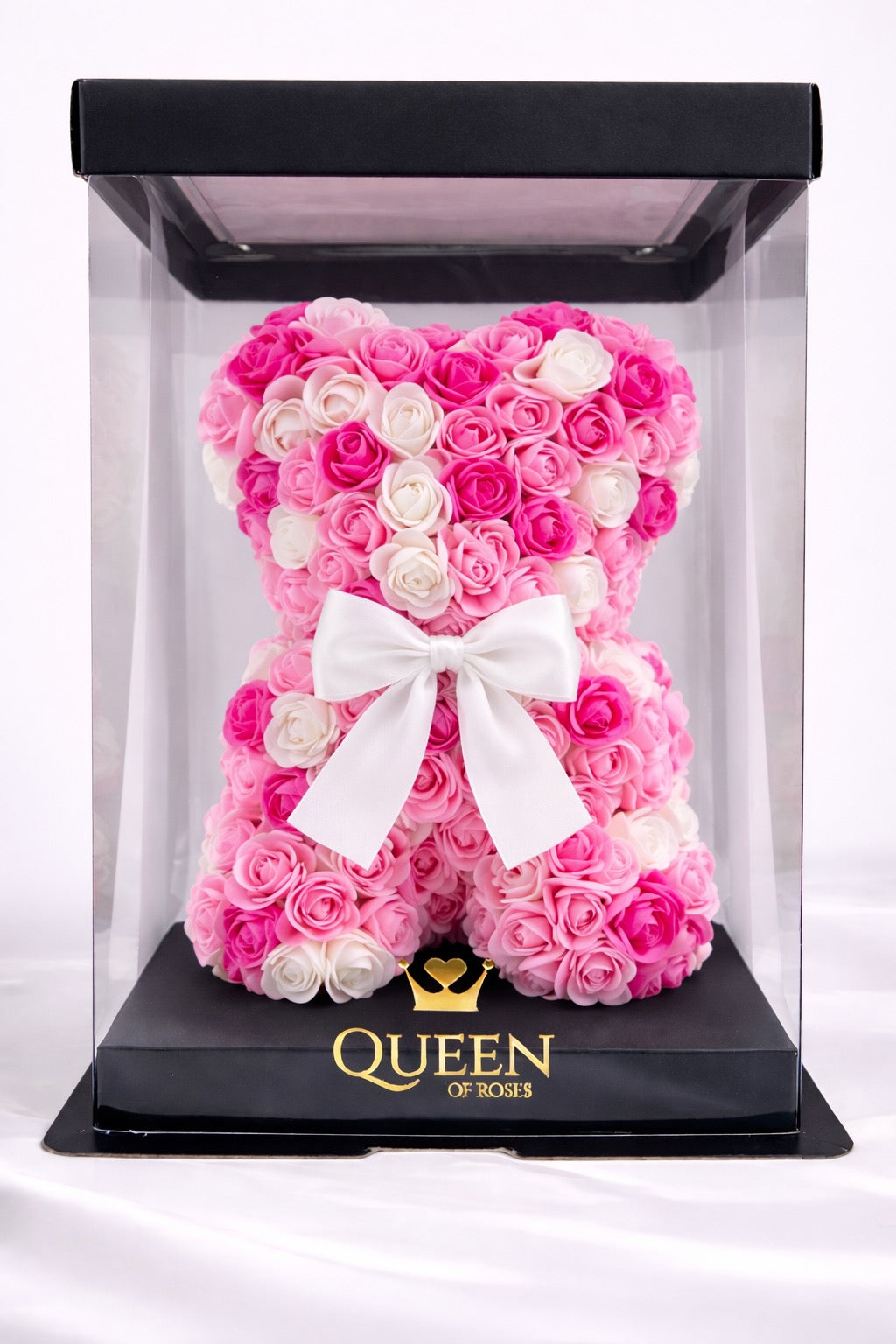 Mixed Pink Rose Teddy Bear | 10" | Crystal Clear Gift Box